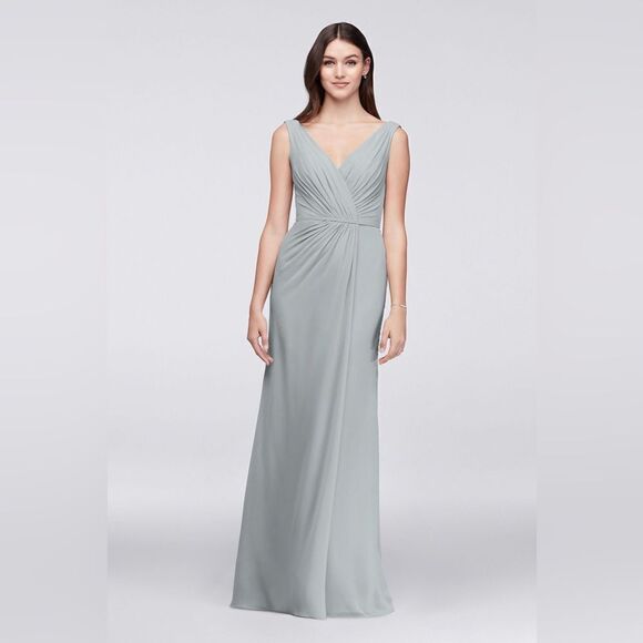 DAVID'S BRIDAL gray long Faux-Wrap Pleated Chiffon Bridesmaid Dress F19585-6 - Picture 1 of 15